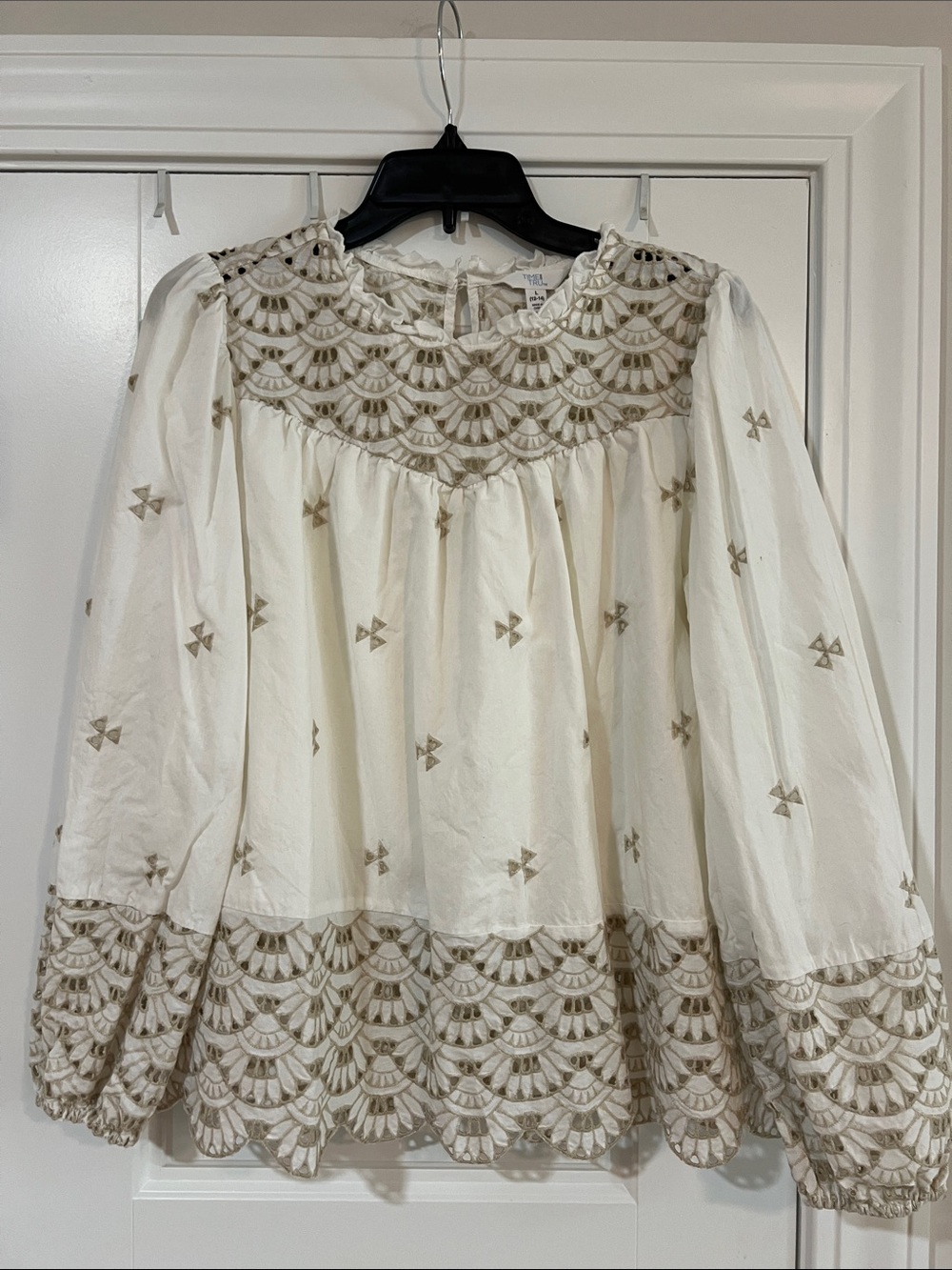 Time and Tru Cream Top with Metallic Gold Embroidery